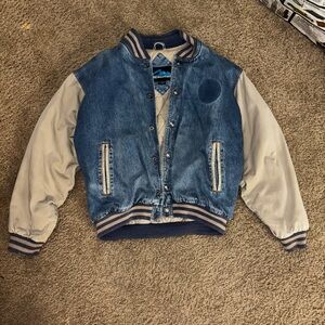 Vintage Blue and Beige Varsity jean Jacket